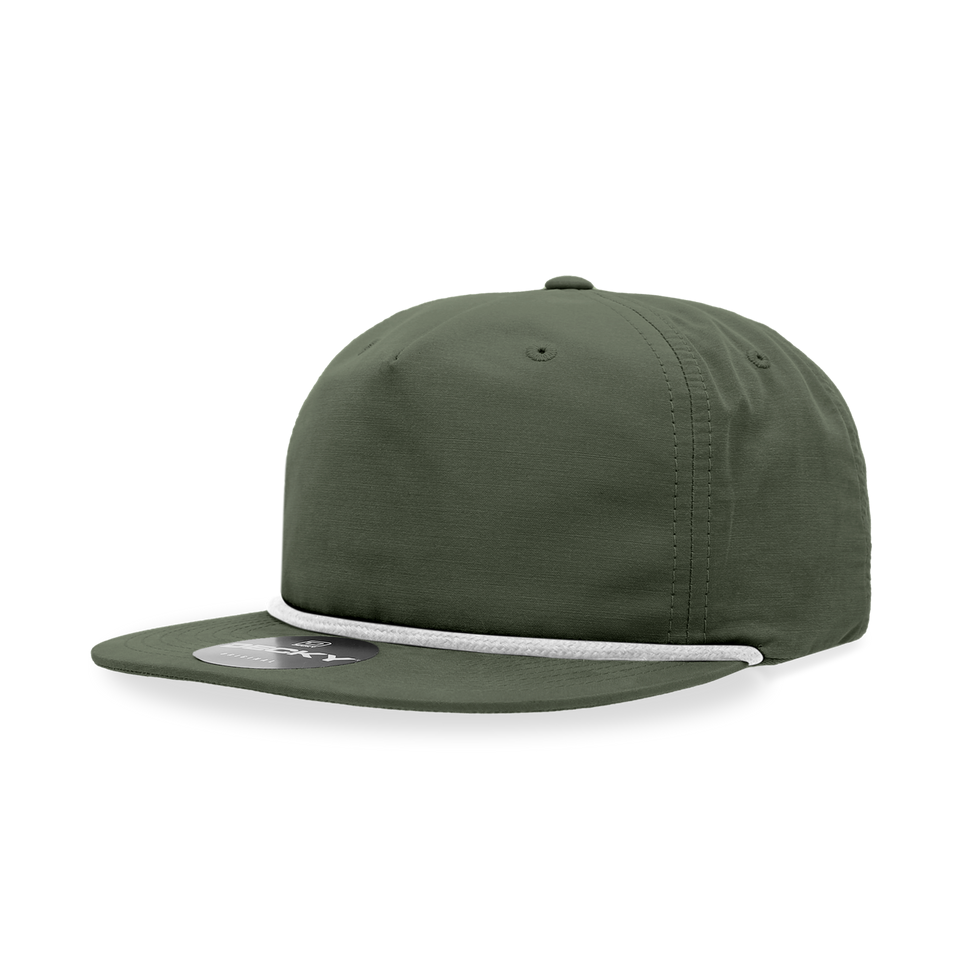 A green baseball cap with a white rope around the brim on a white background.