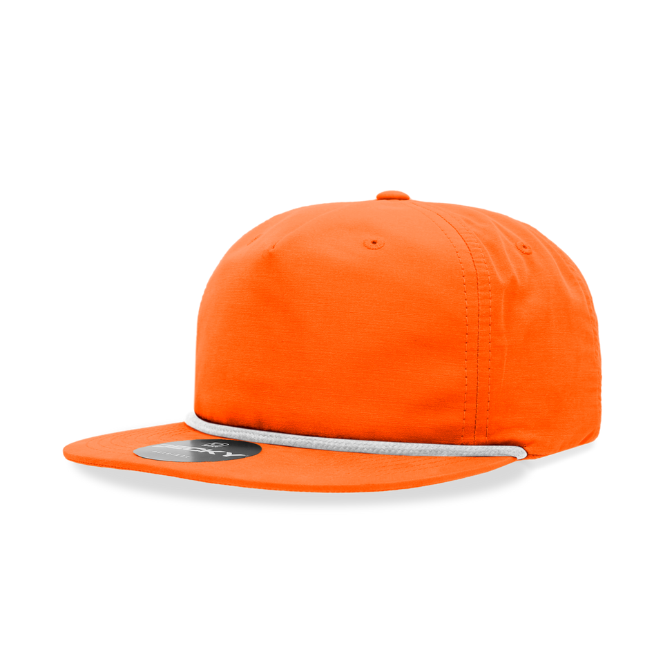 An orange baseball cap with a white rope around the brim