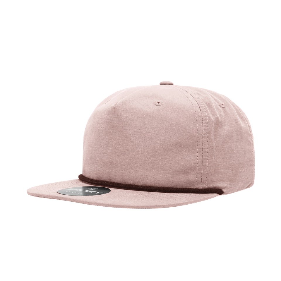A pink baseball cap with a brown rope around the brim