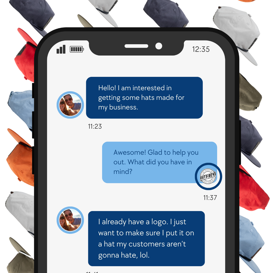 A cell phone featuring a conversation between Outsiders Supply Company and a customer ordering custom leather patch hats.