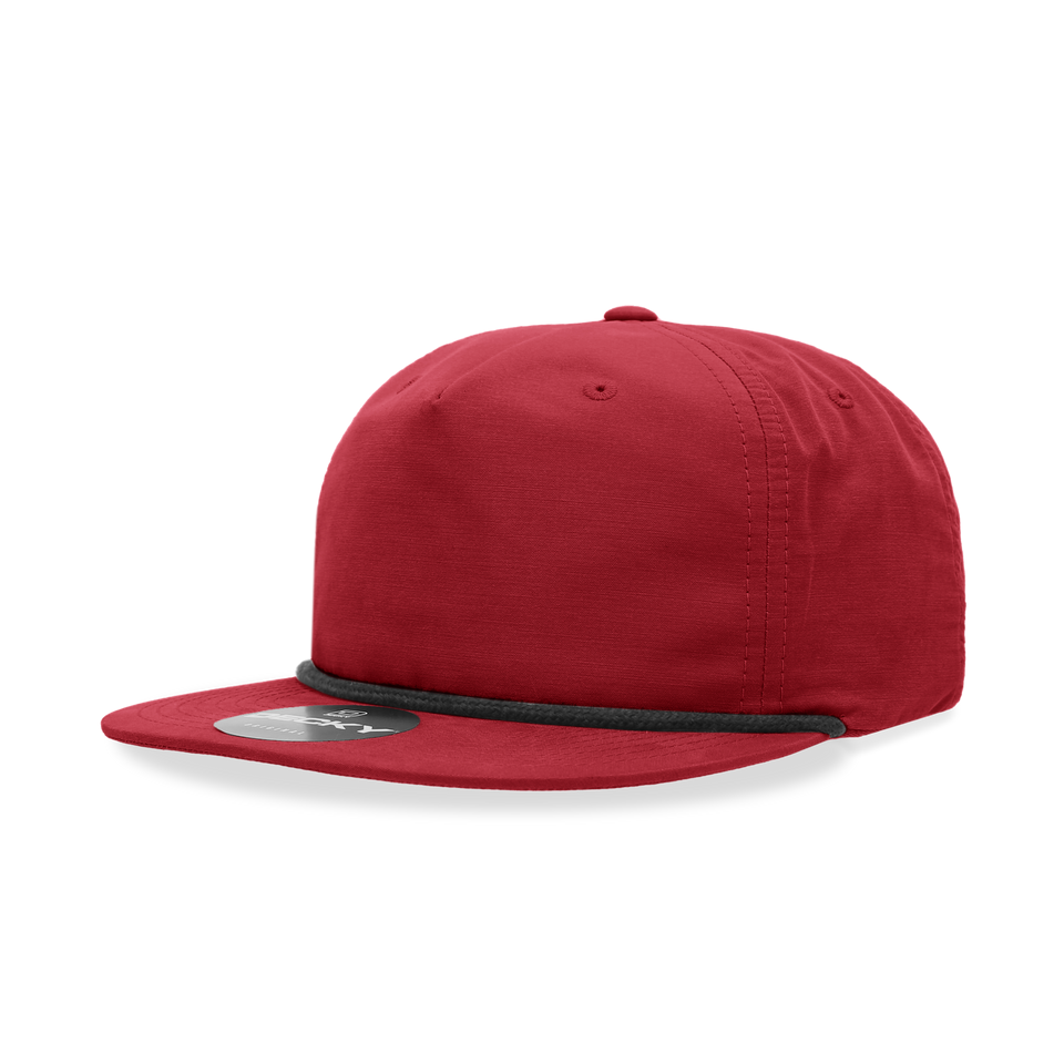 A red baseball cap with a black rope around the brim