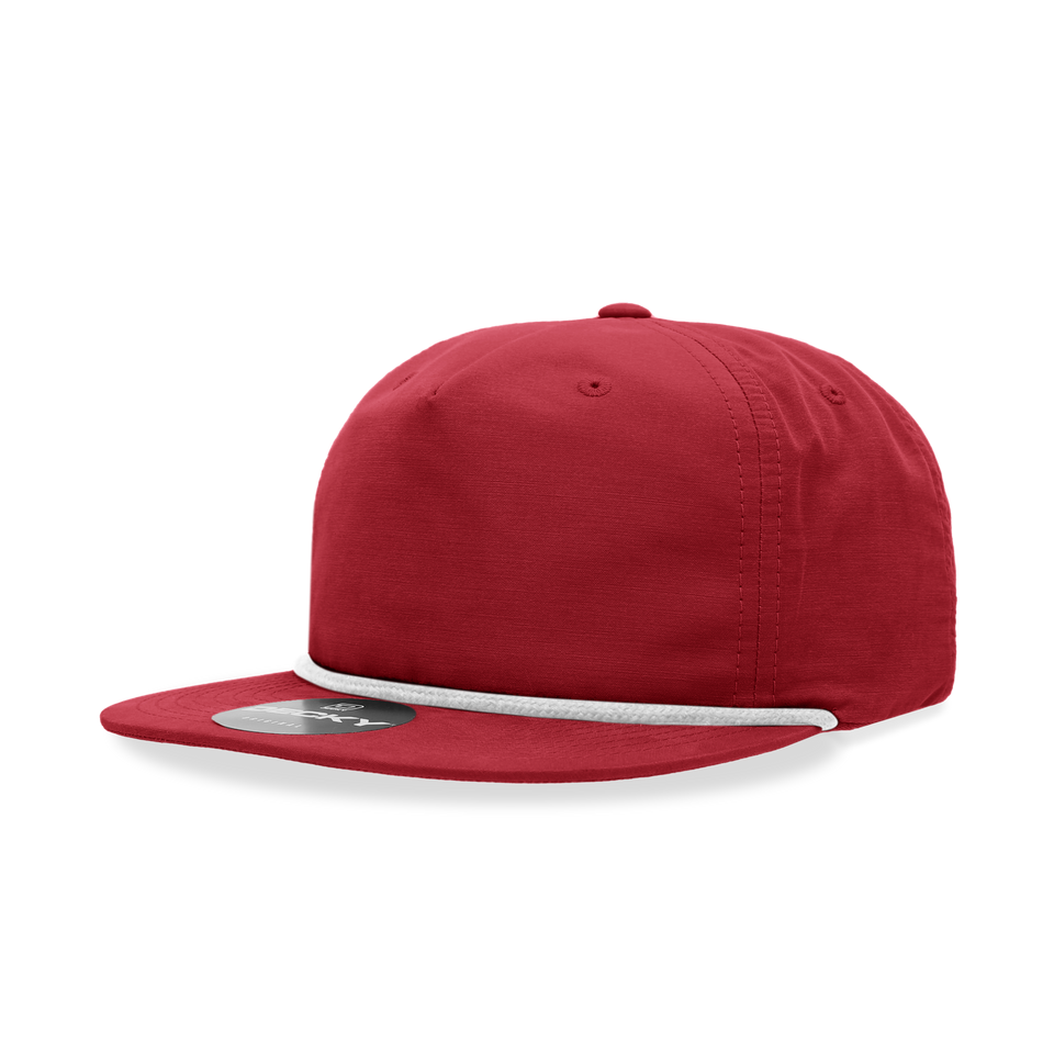 A red baseball cap with a white rope around the brim