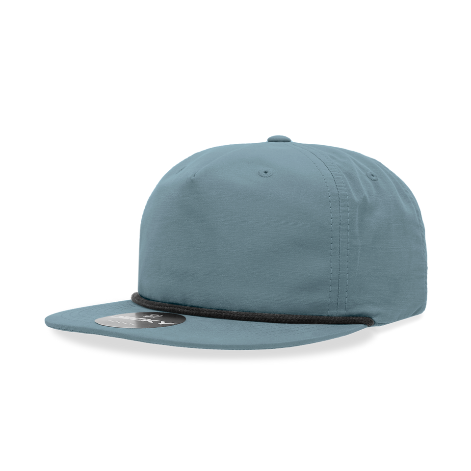 A blue baseball cap with a black rope around the brim on a white background.