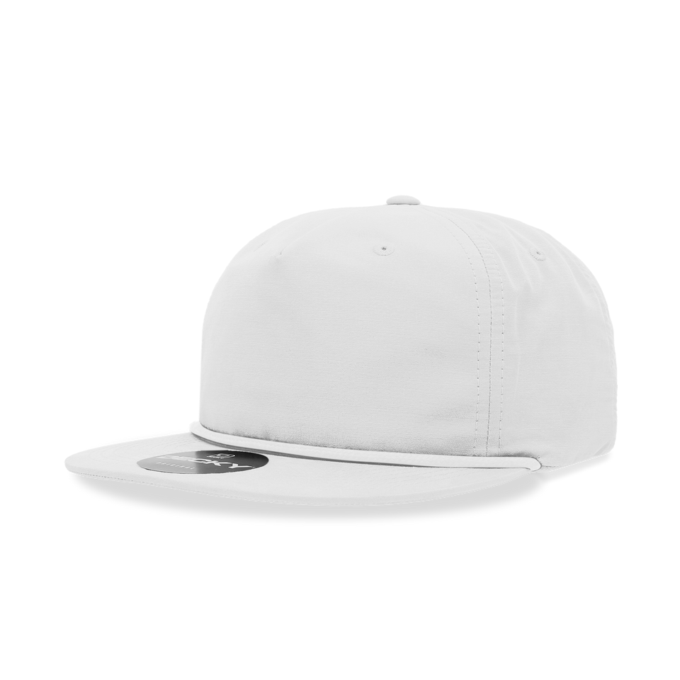 A white baseball cap with a white rope around the brim on a white background.