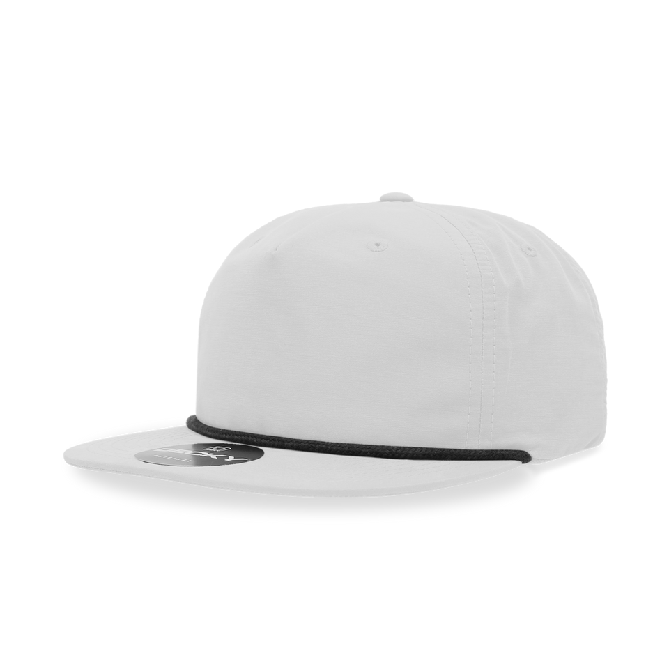 A white baseball cap with a black rope around the brim on a white background.