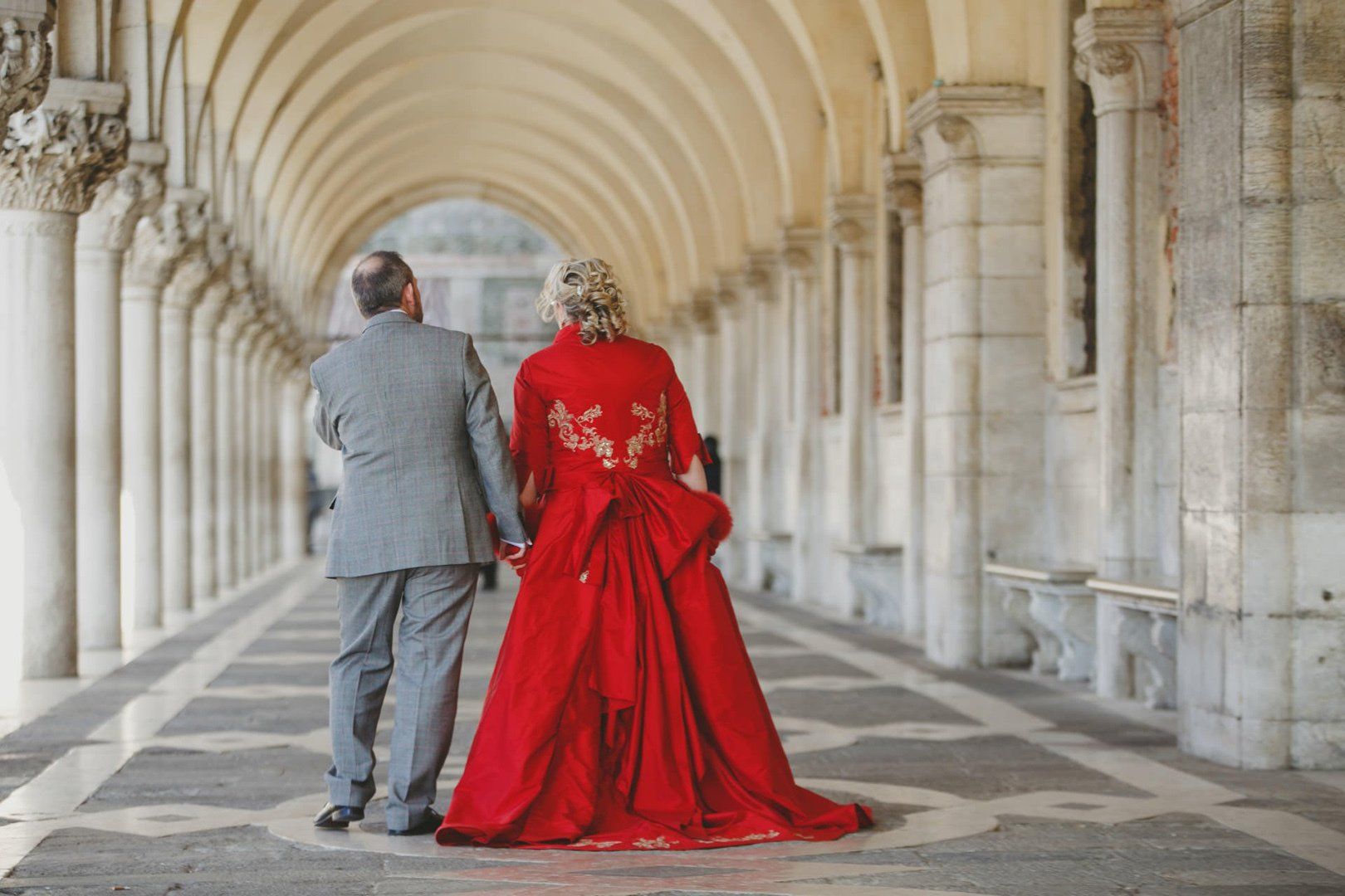 Statement Red and Gold Venetian Wedding Dress Mature Wedding