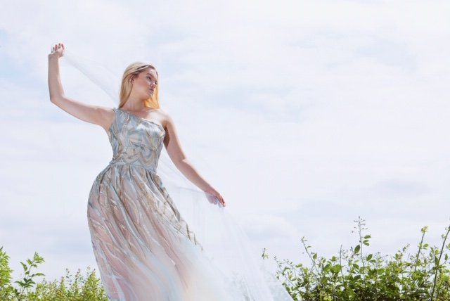 blue grey embroidered wedding dress