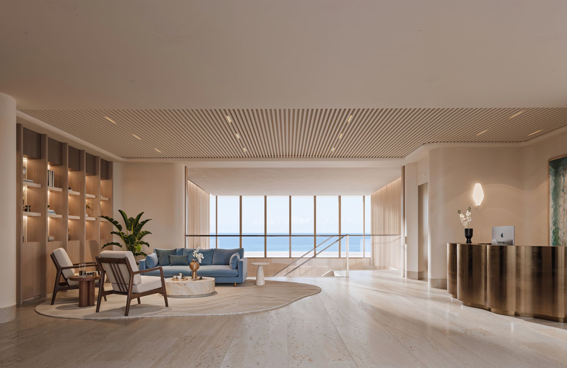 Modern bathroom with a shower, toilet, and wooden vanity. Beige tiles and accents.