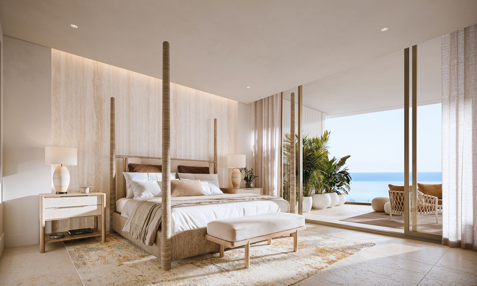 Hallway with a console table, bench, and white walls.
