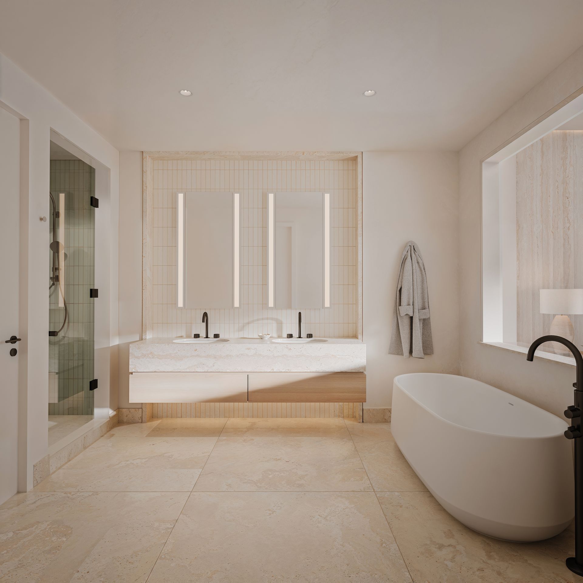 Modern kitchen with ocean view, pale blue walls, white cabinets, island, and glass dining table.