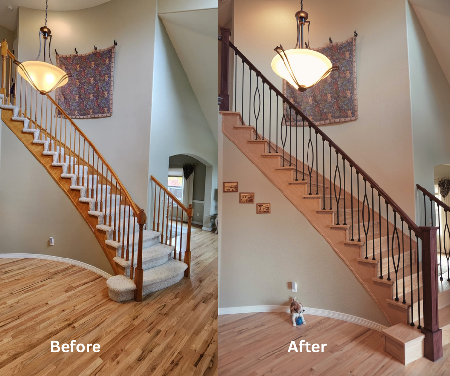 A before and after picture of a staircase in a house
