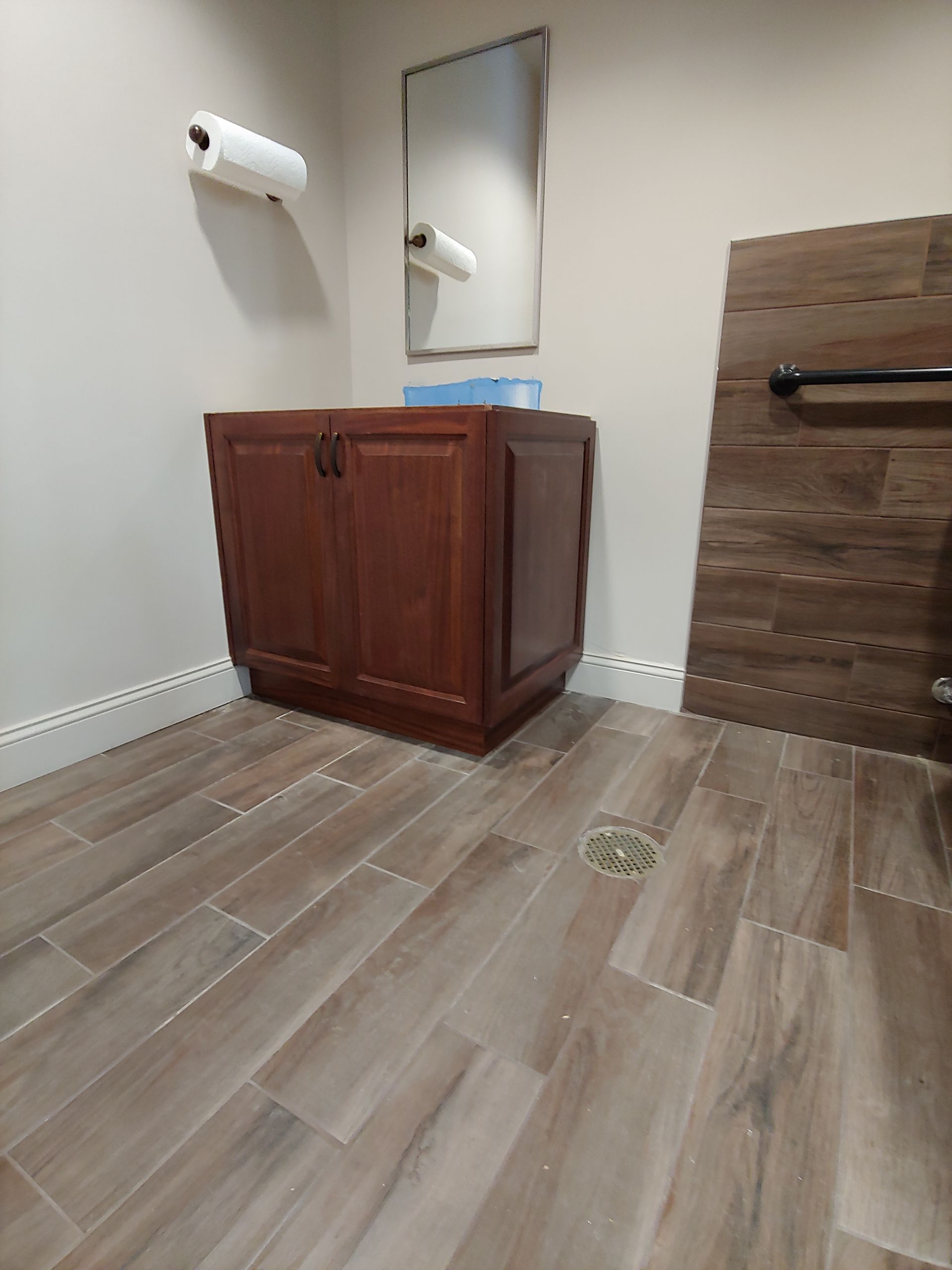 Bathroom with wood-look tile flooring, wood vanity, mirror, and toilet paper dispenser.