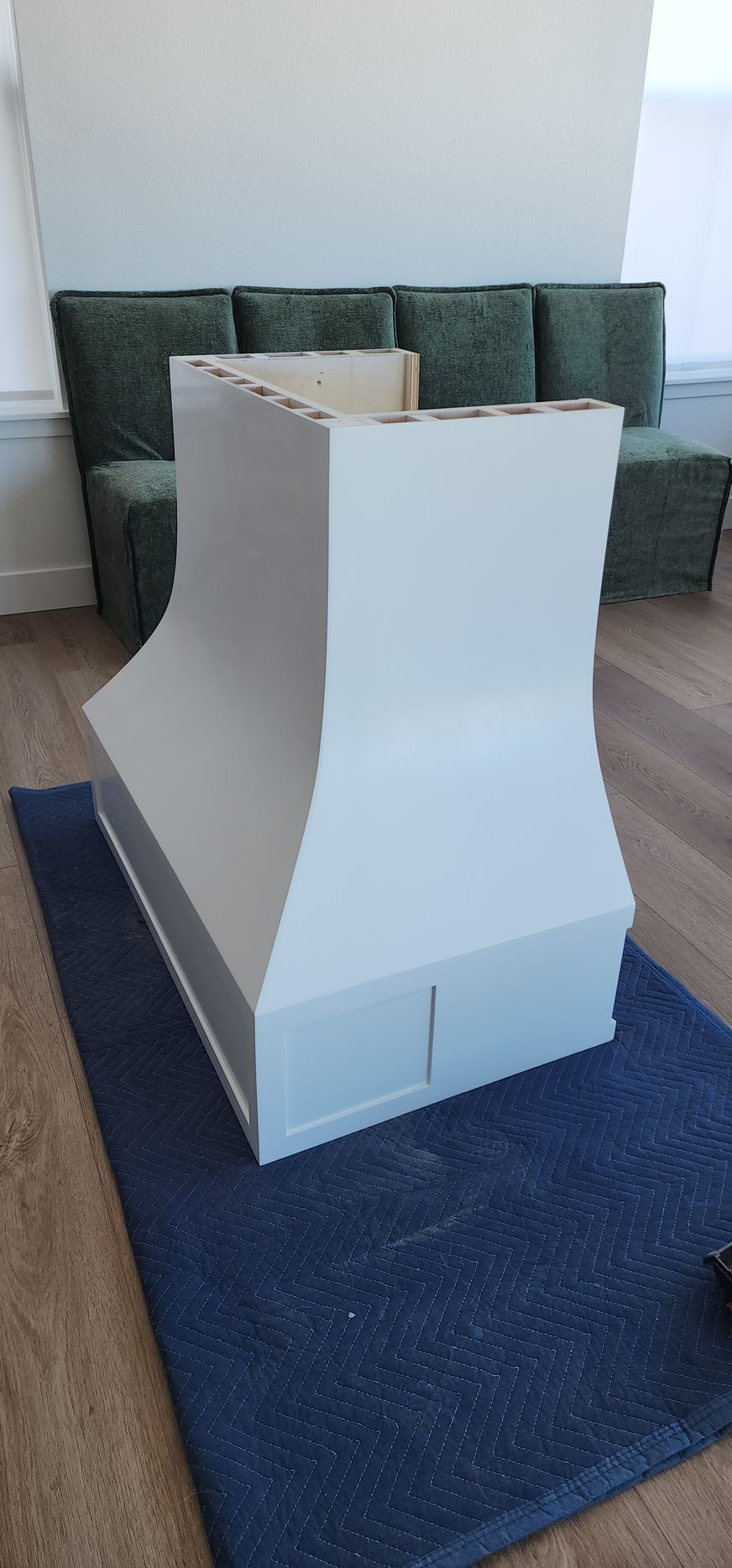 White range hood on a blue rug in front of a green couch.