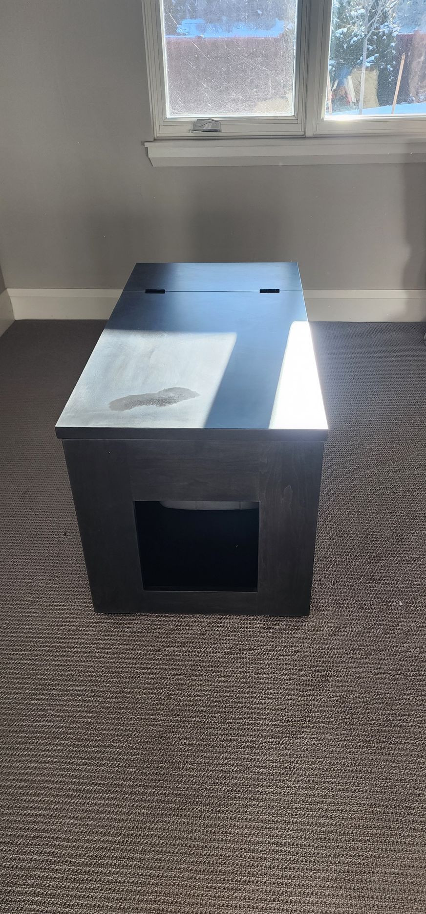 Black cat litter box, rectangular, with an entryway and top access, on patterned carpet, next to a window.