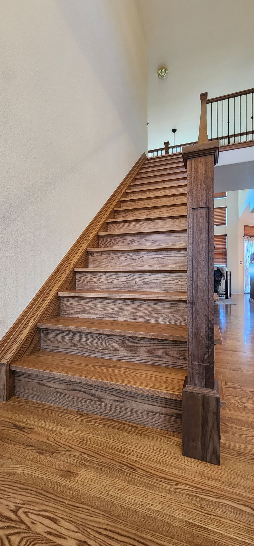 Wooden staircase with brown flooring, steps, and handrail, leading upwards in a home.