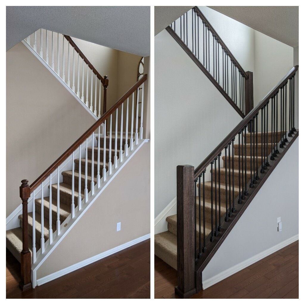 Two photos: staircase with white railings, then dark wood railings.