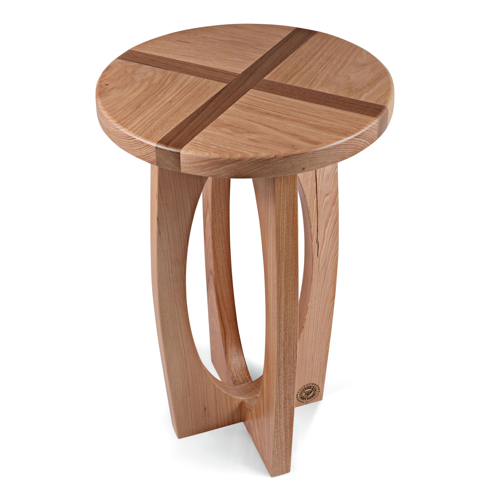 Wooden side table with a circular top and curved legs joined at the base.