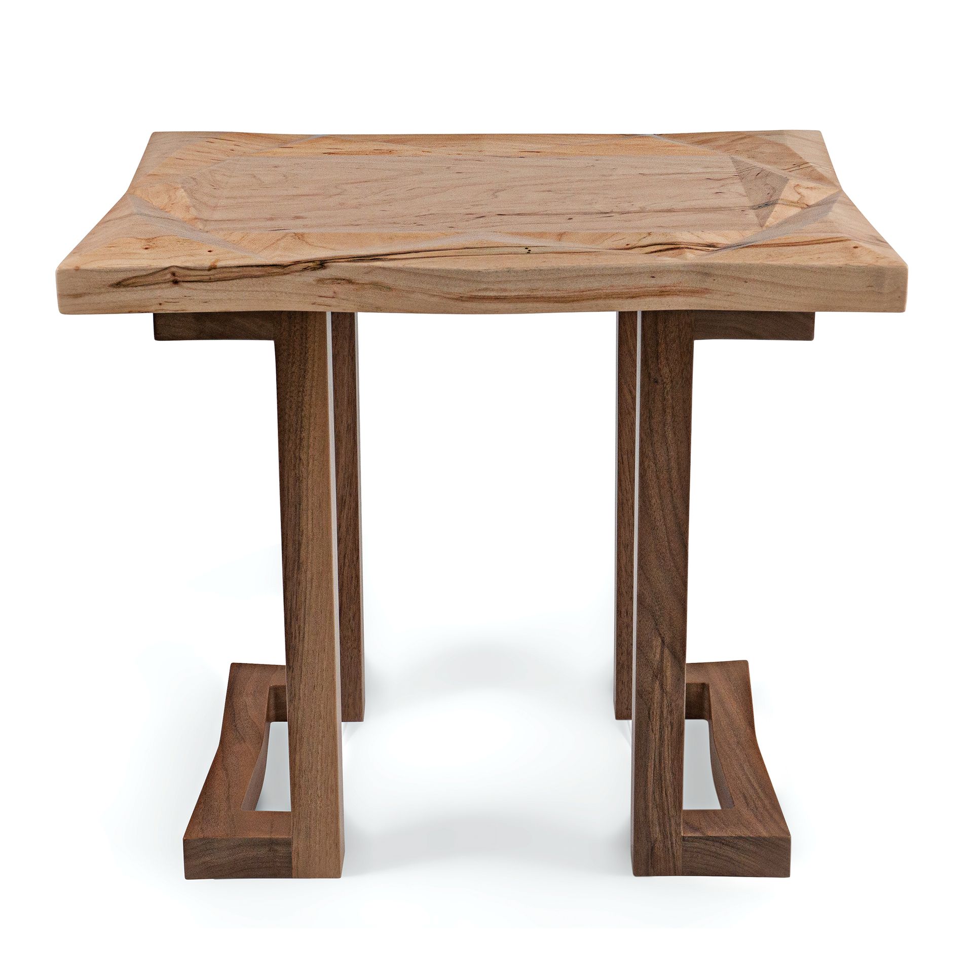 Wooden side table with a light brown top and dark brown legs.