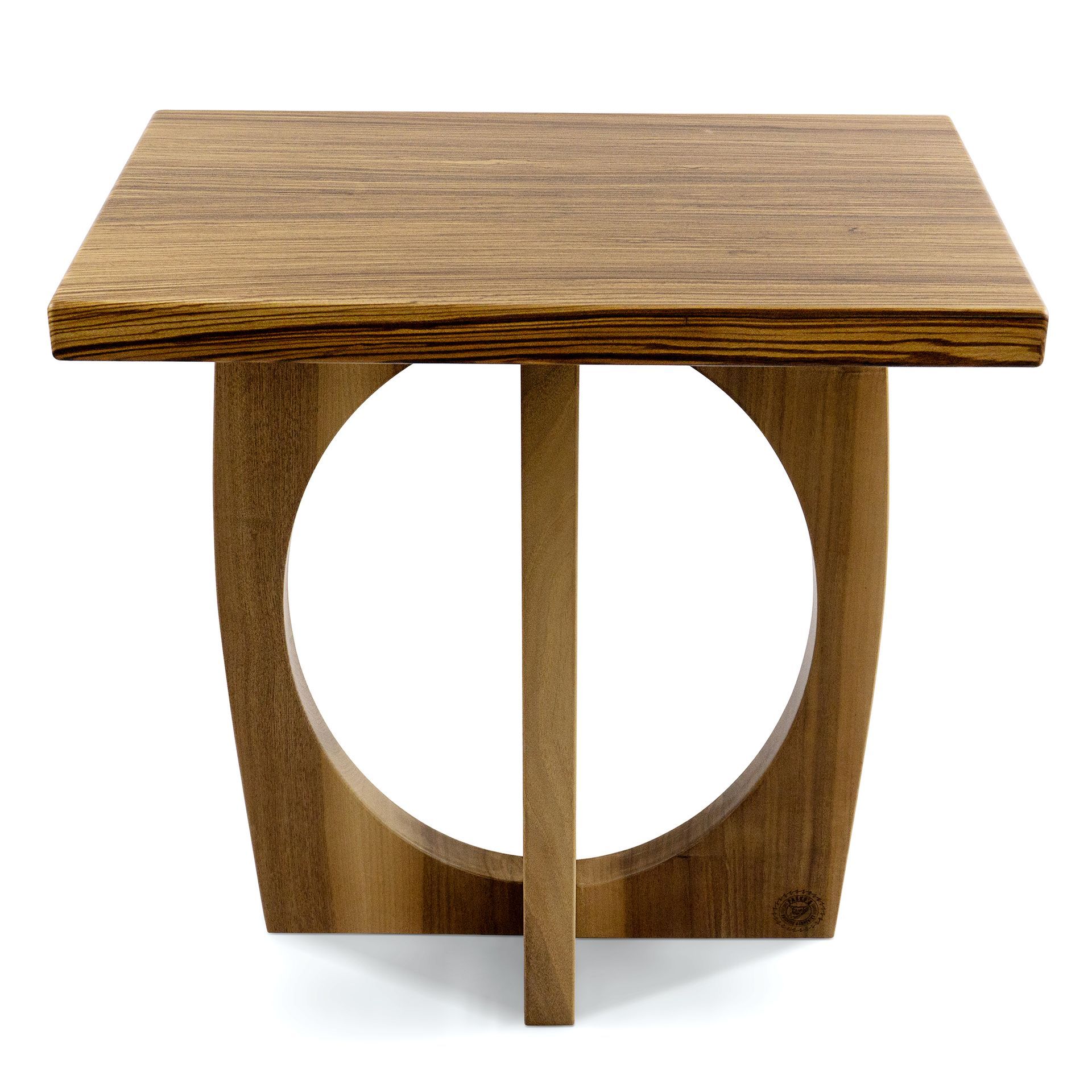 Wooden square side table with a circular cutout in the base.