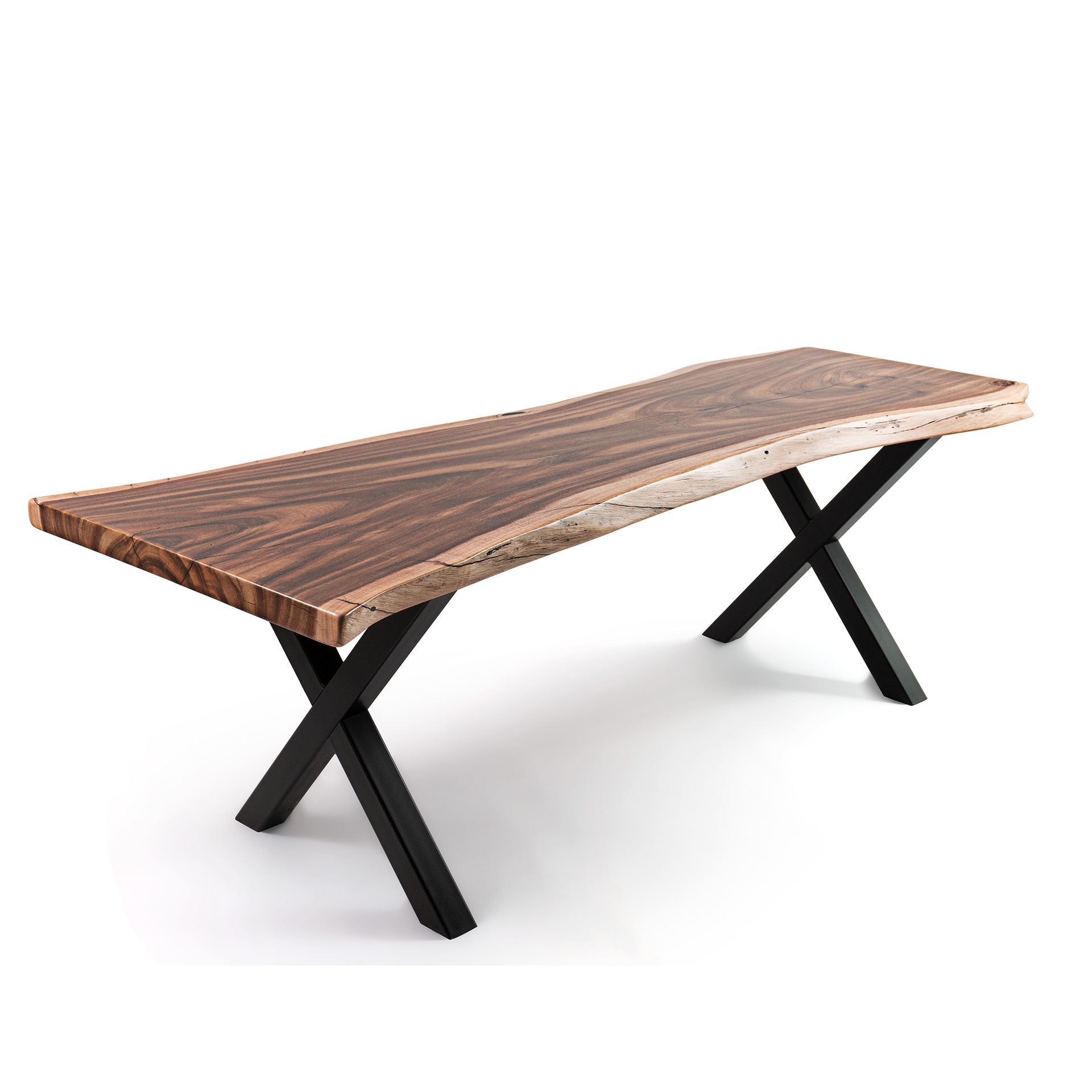 Live edge wooden bench with black X-shaped metal legs.