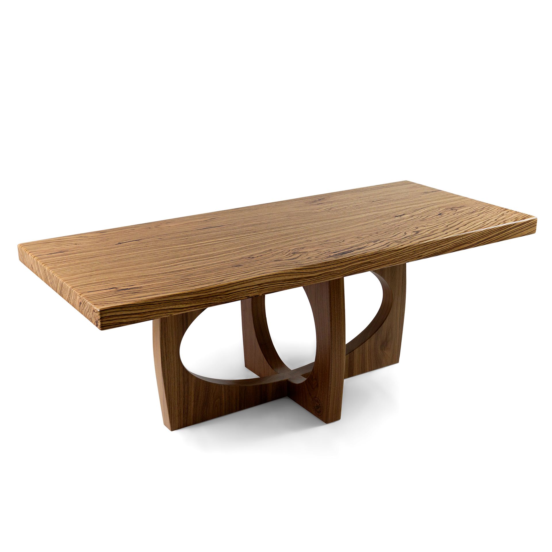 Wooden rectangular dining table with a unique oval base.