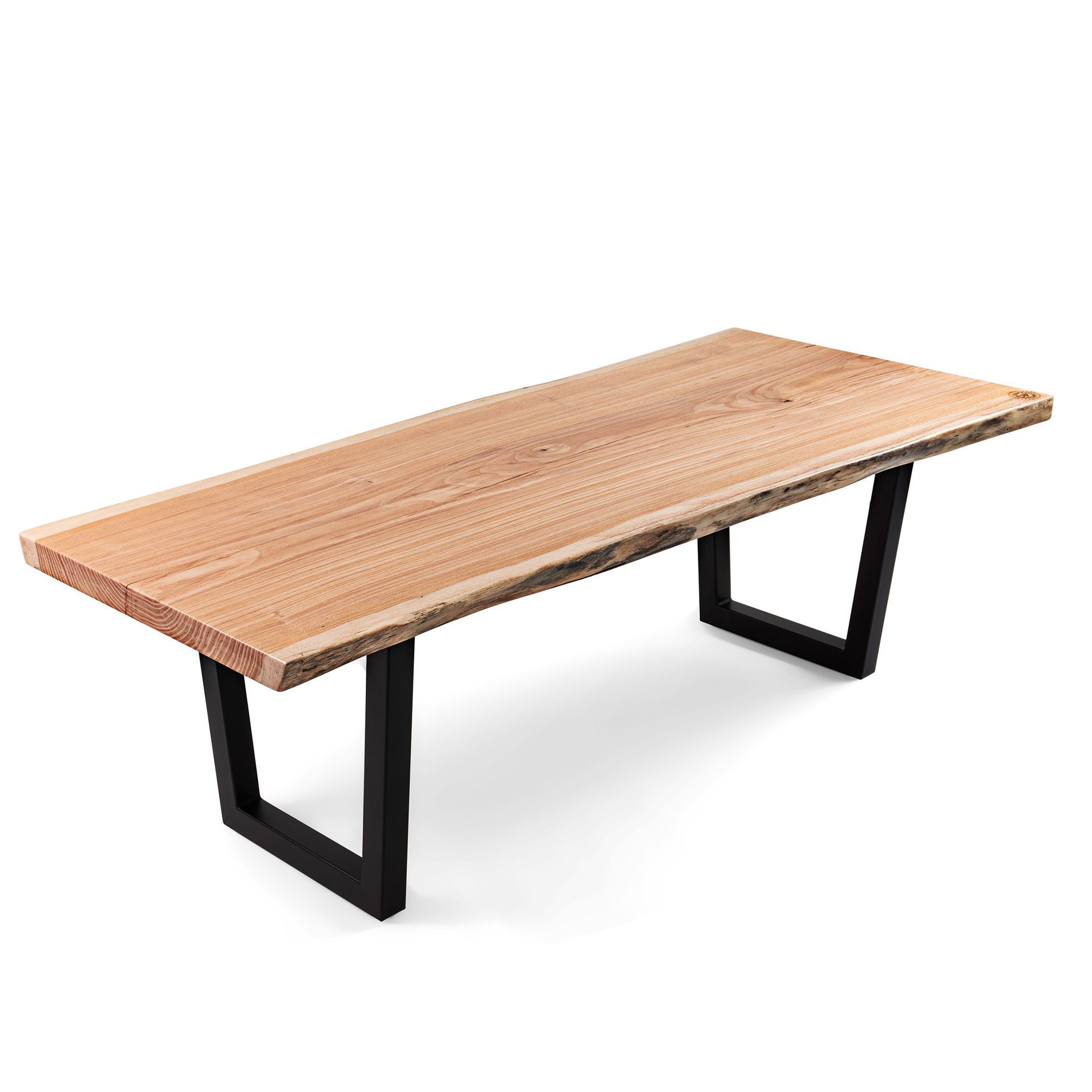 Wooden table with live edge top and black metal legs.