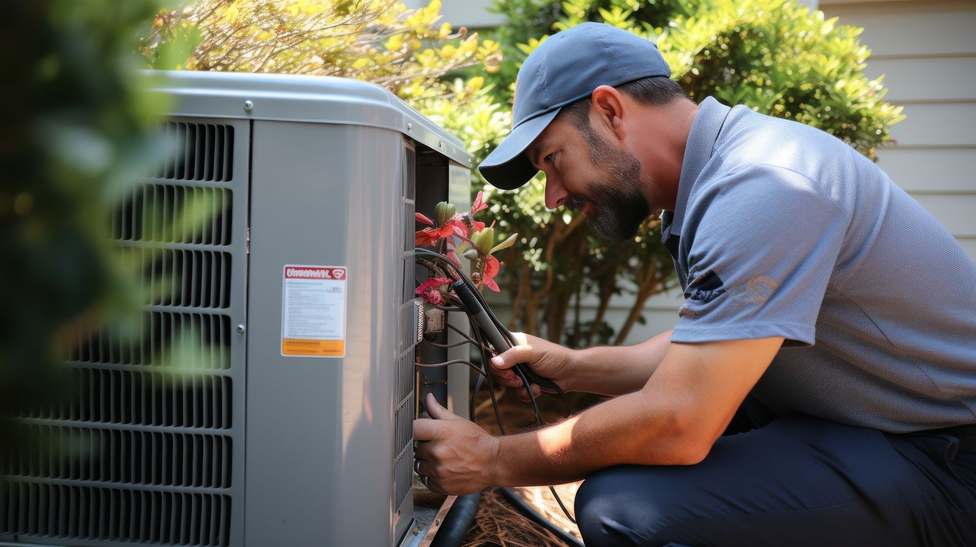A man is working on an air conditioner outside of a house.