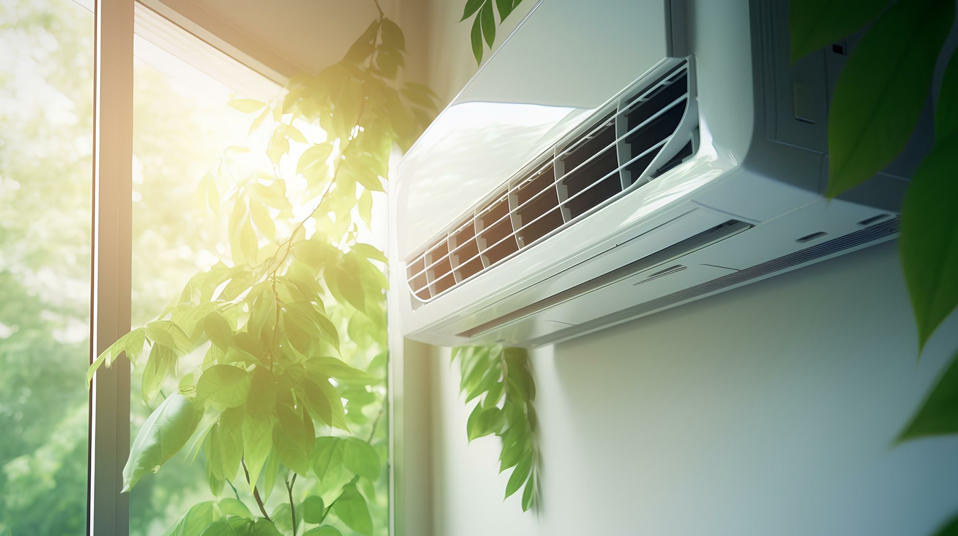 A white air conditioner is hanging on a wall next to a window.