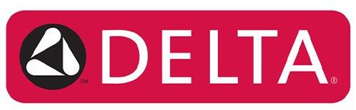 A red and white delta logo on a white background