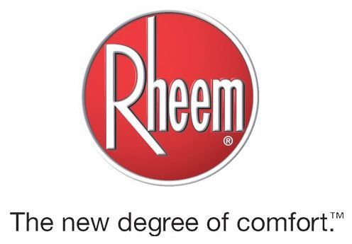 The rheem logo is red and white and says the new degree of comfort.