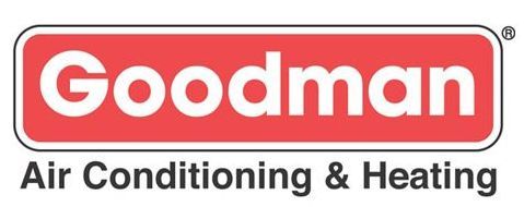 The logo for goodman air conditioning and heating is red and white.