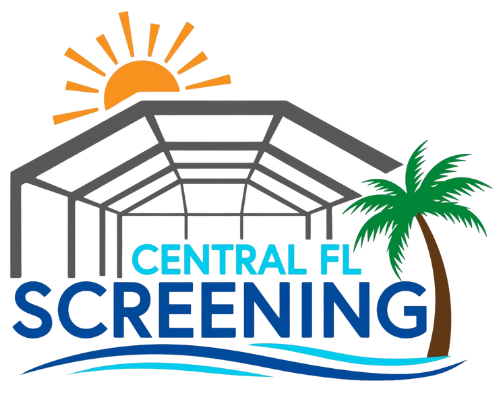 Logo for Central FL Screening: a gray structure with a sun, palm tree, and blue text on a wave.