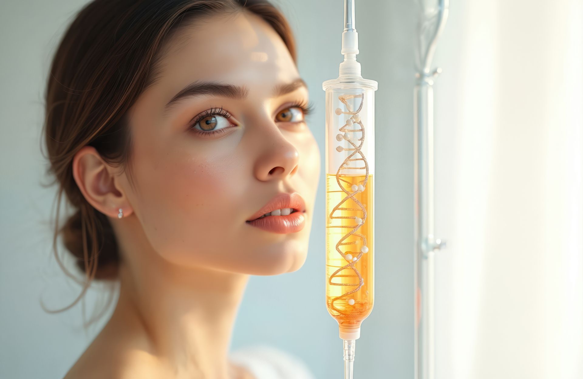 Woman beside an IV drip in a bright room, looking calmly toward the camera.
