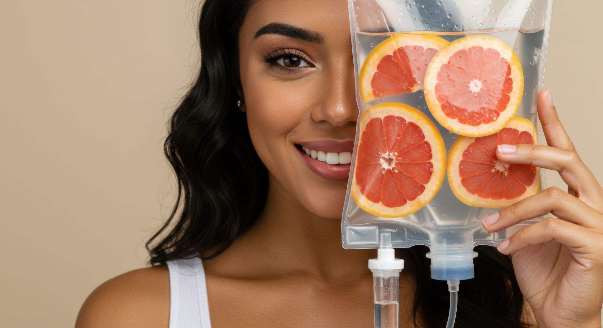 Woman smiling behind a citrus-filled IV bag with grapefruit slices and two tubes attached