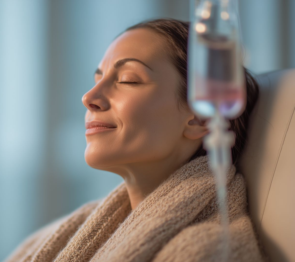 Woman resting in a chair with eyes closed, wearing a beige blanket beside an IV drip