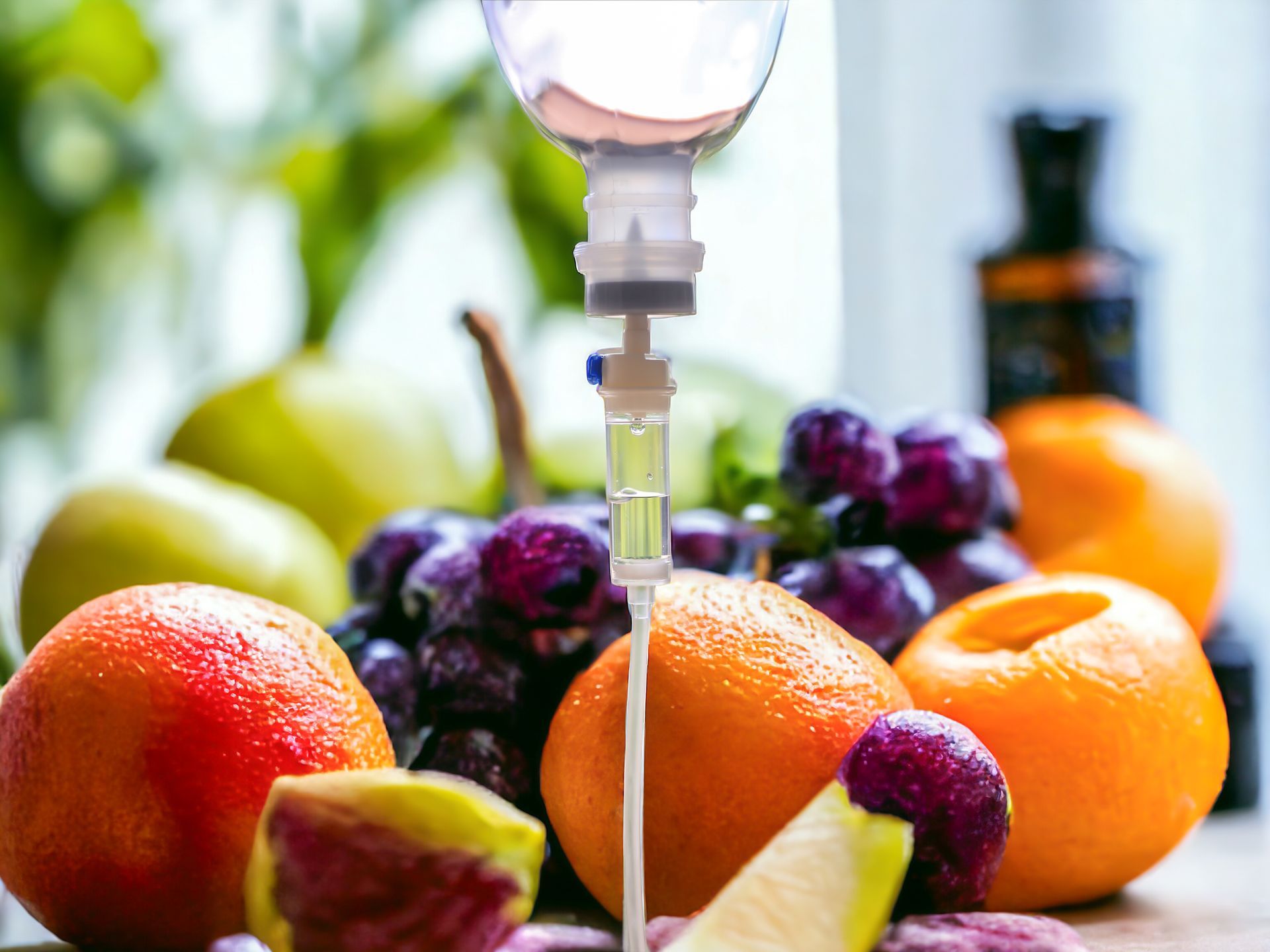 IV drip needle inserted into an orange with assorted fruit in the background