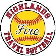 HIGHLANDS Fire Travel Softball circular logo with red text and yellow softball background