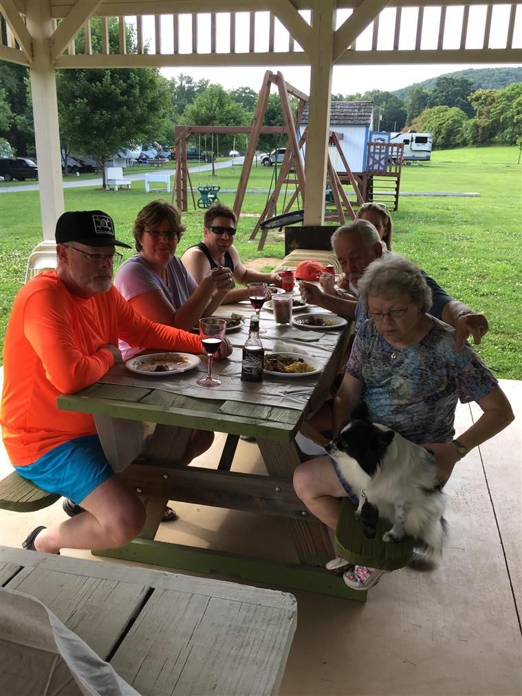 Group of people enjoying a meal at a picnic table under a pavilion, outdoors on a sunny day.