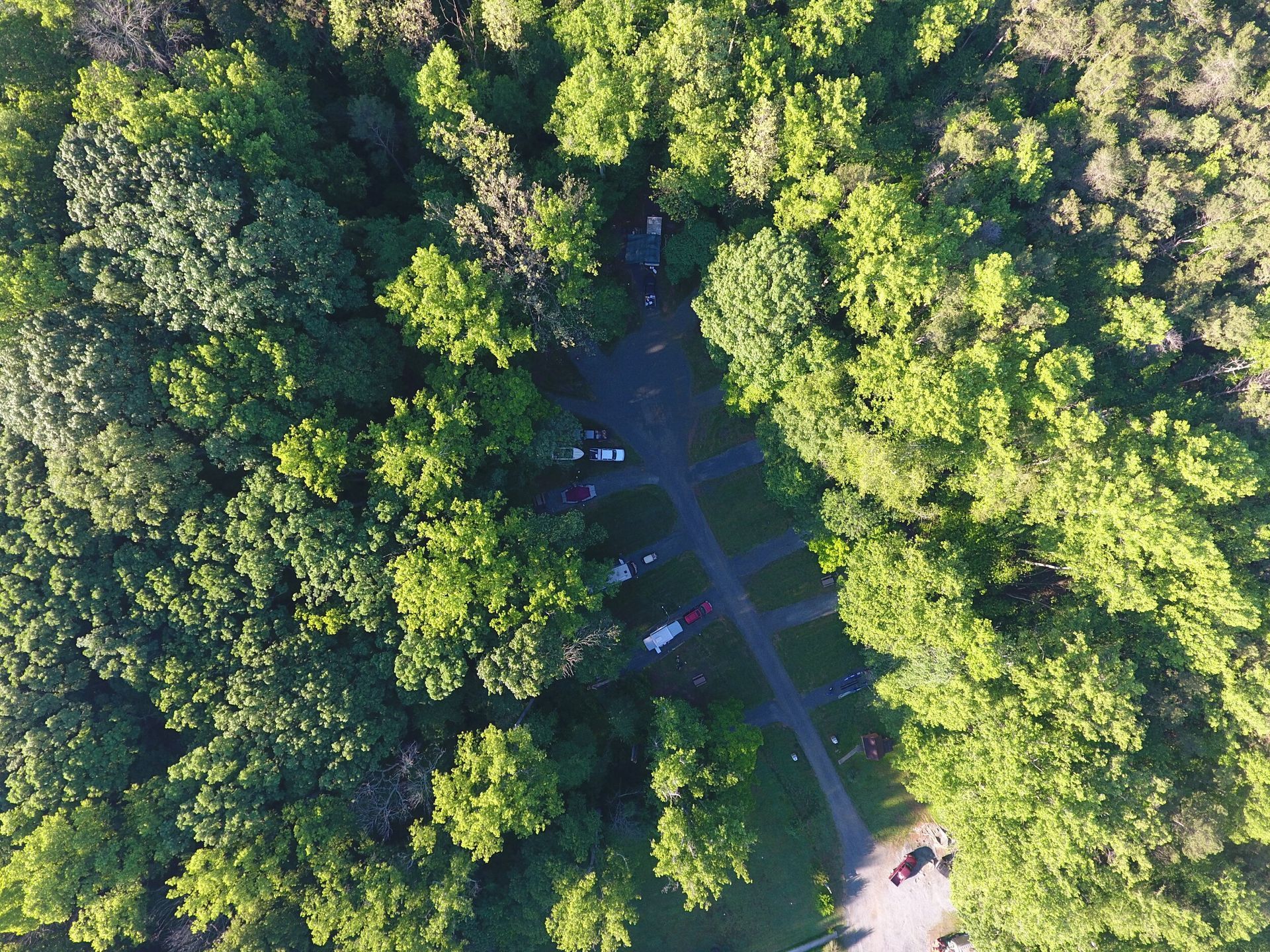 Aerial view of a campsite nestled among tall green trees.