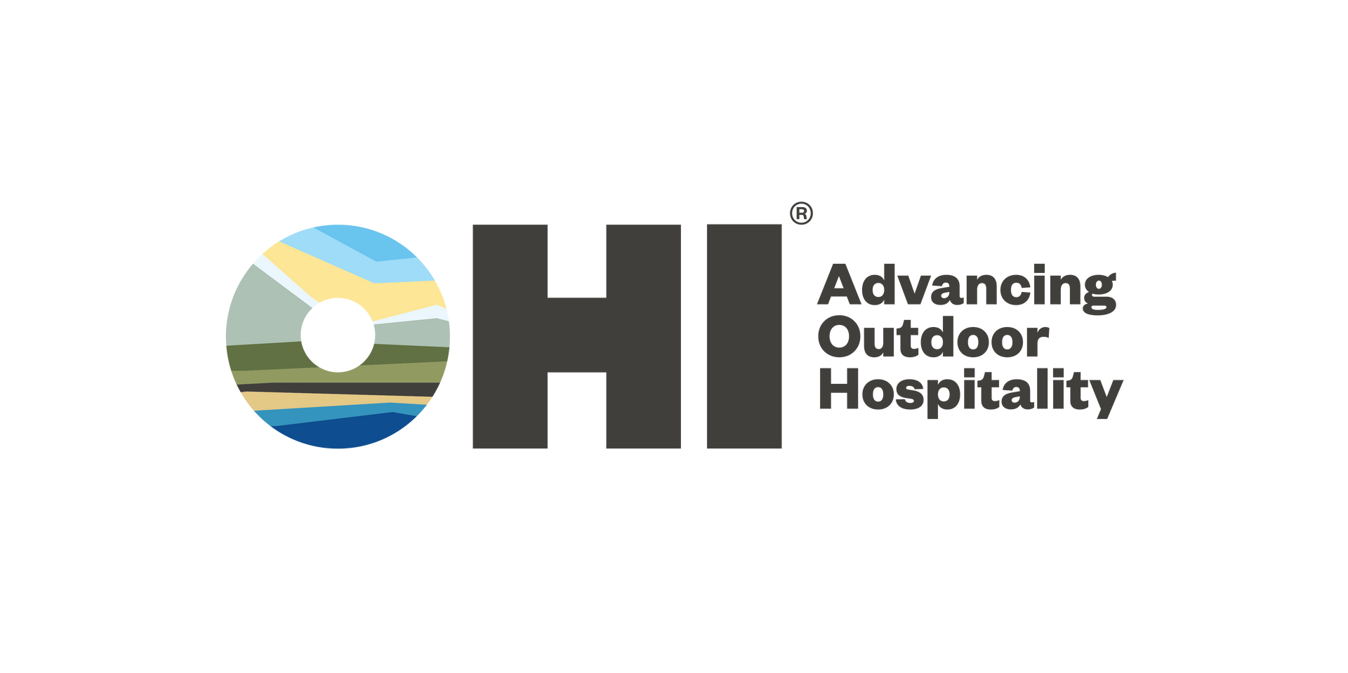 Logo of OHI with a circular graphic containing a landscape design and the words