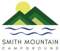 Logo: Green mountains, yellow sun, blue water, and text "Smith Mountain Campground".