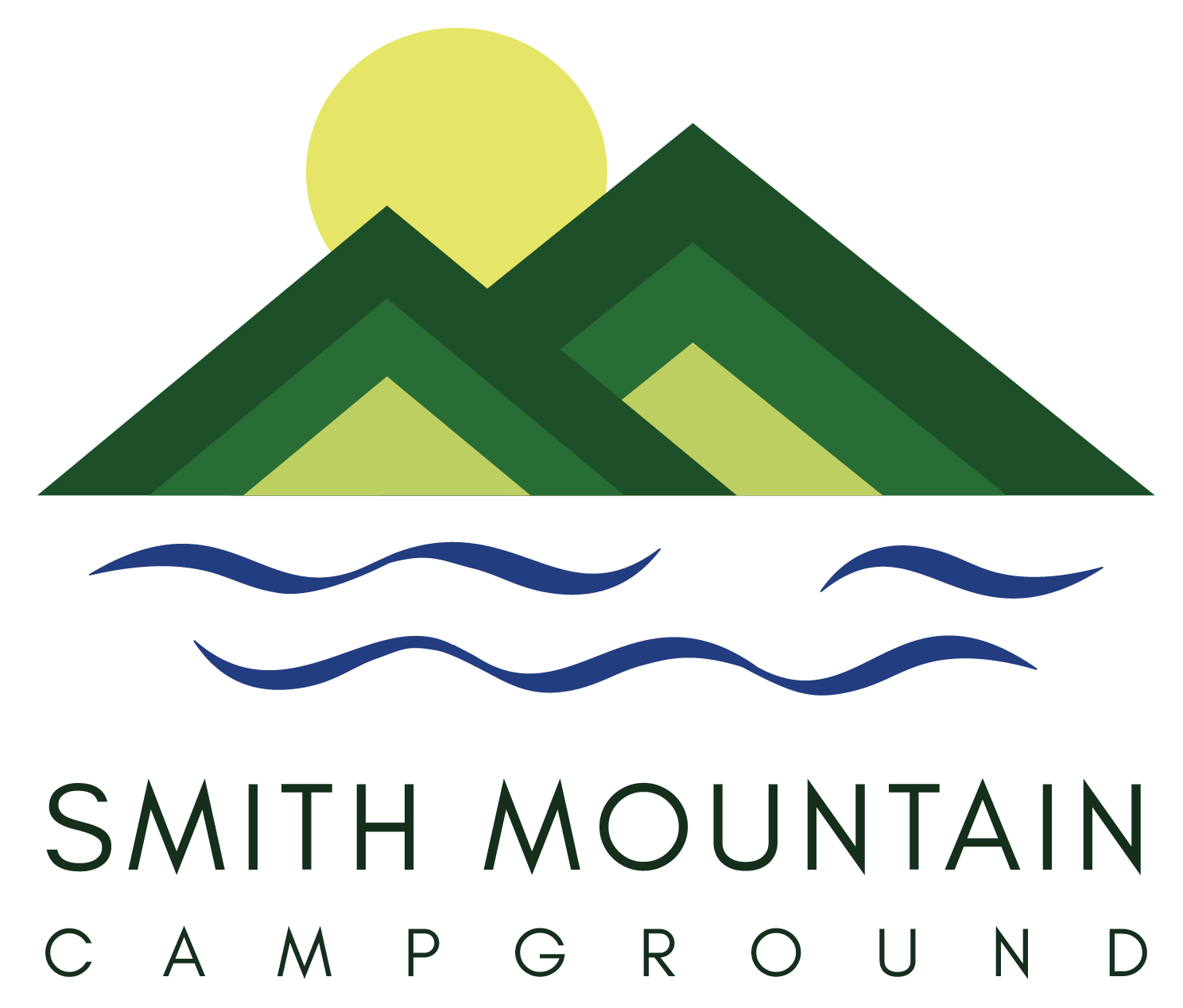 Logo: Green mountains, yellow sun, blue water, and text "Smith Mountain Campground".
