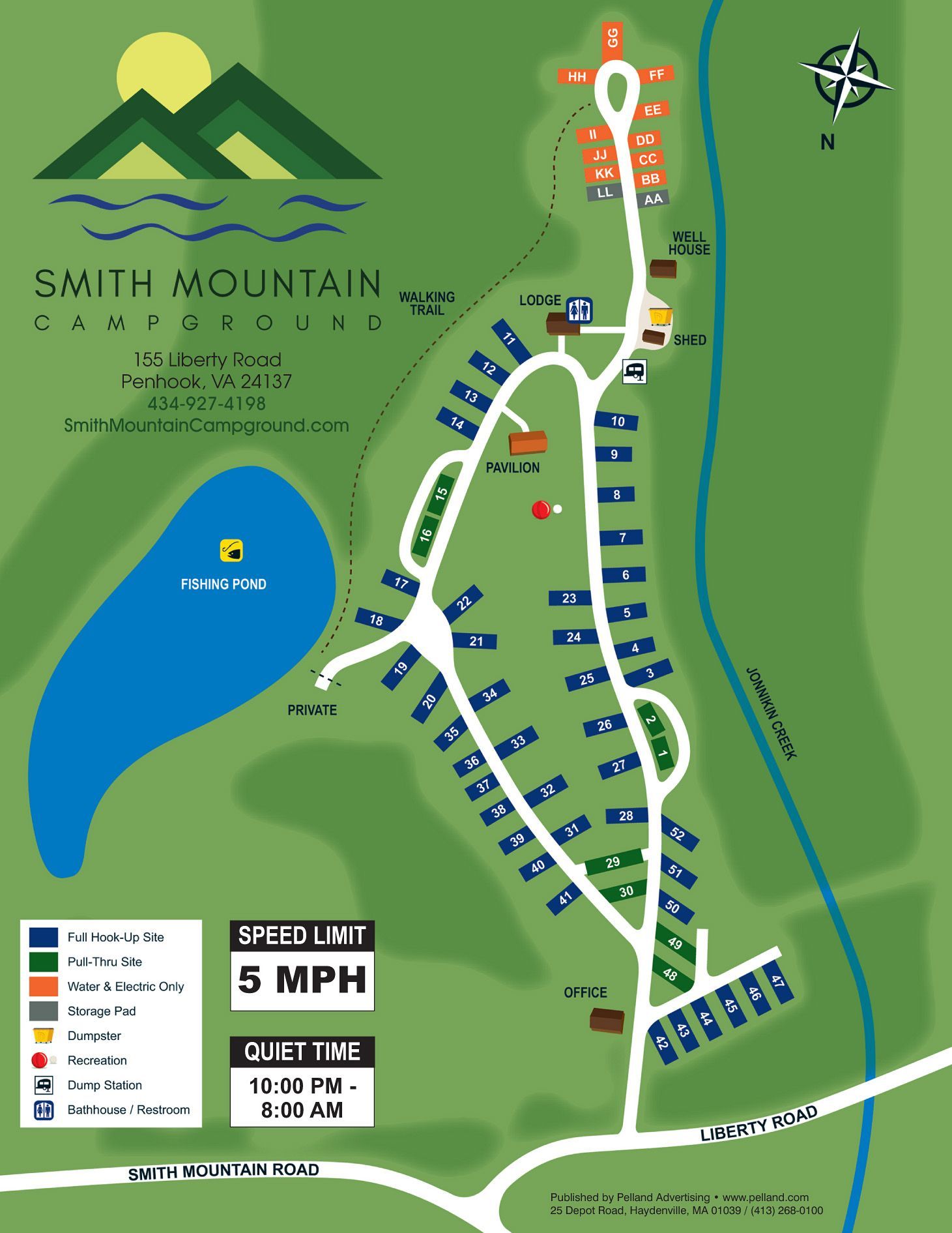 Smith Mountain Campground map; shows camping areas, lake, creek, and roads.