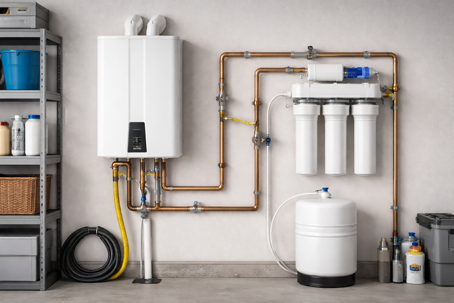 Water heater and filtration system in a garage setting, featuring copper pipes and tanks.