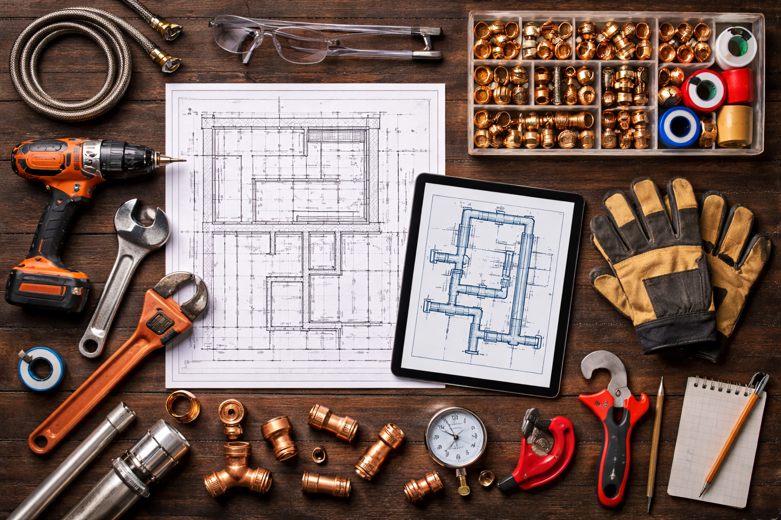 Person using a tablet to design a house with color swatches and samples on a table.