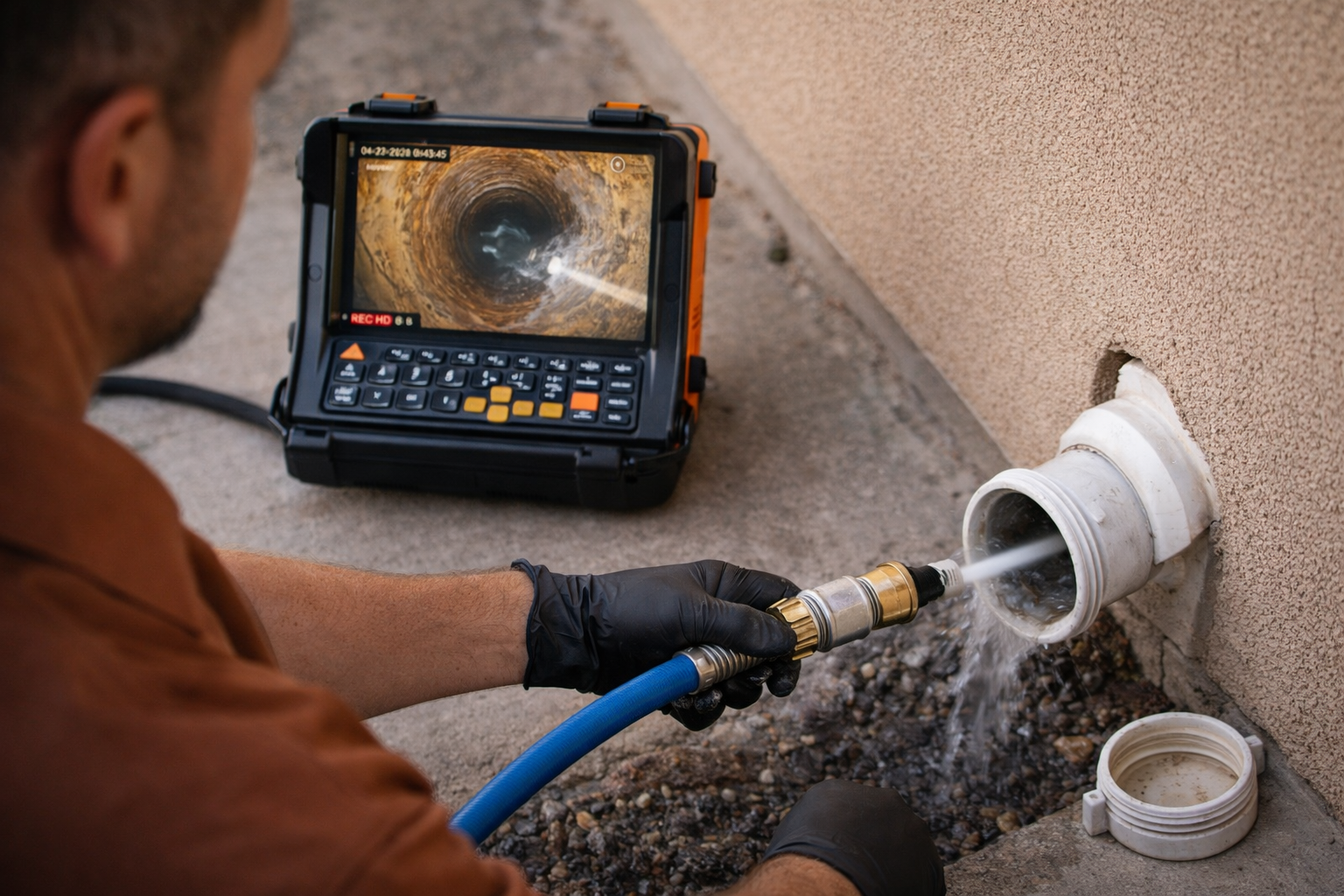 Man using a camera to inspect a pipe, monitoring the view on a screen. Water sprays from the pipe.