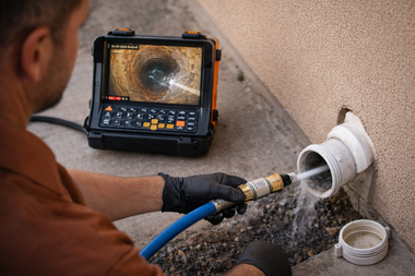 Man using a camera to inspect a pipe, monitoring the view on a screen. Water sprays from the pipe.