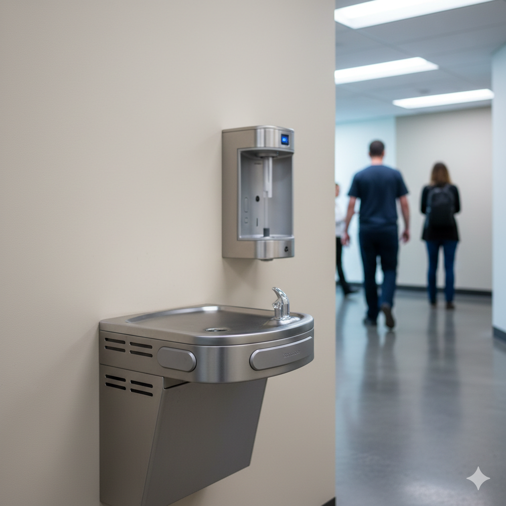 Fountain in a desert garden, lit with warm lights; blue agave plants and shrubs surround it at dusk.