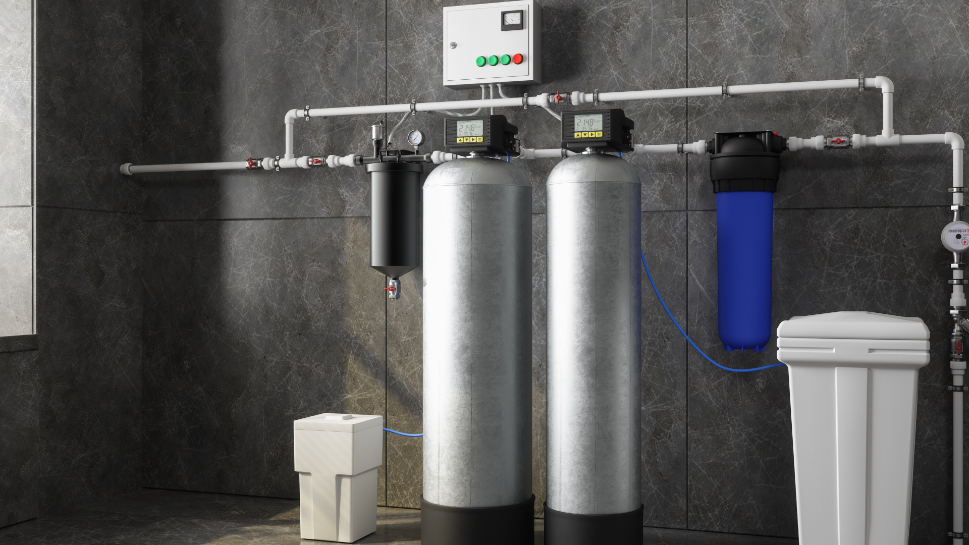 Water heater and filtration system in a garage setting, featuring copper pipes and tanks.