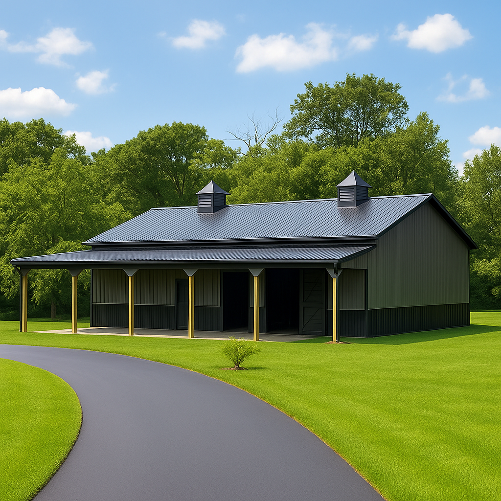 A large pole barn with a black metal roof in Southern MD. 